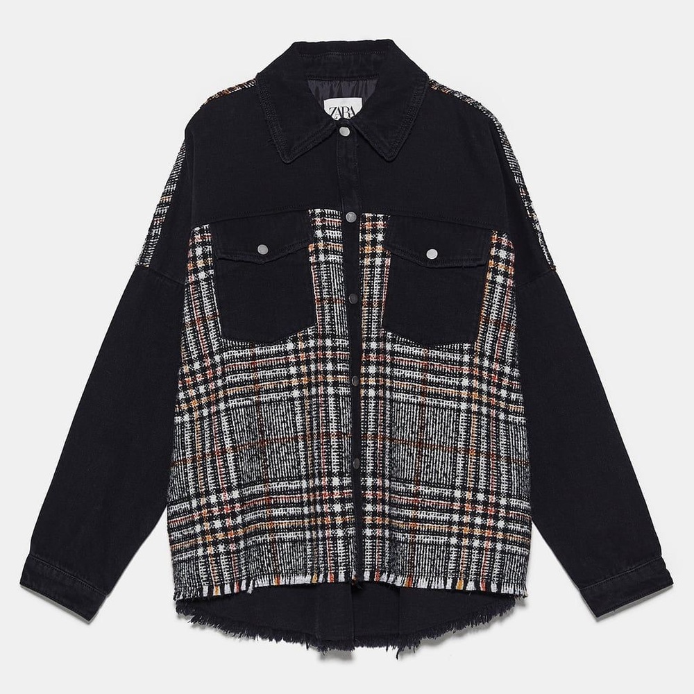 Zara Women’s Black Denim and Tweed (Plaid) Jacket, Size Large